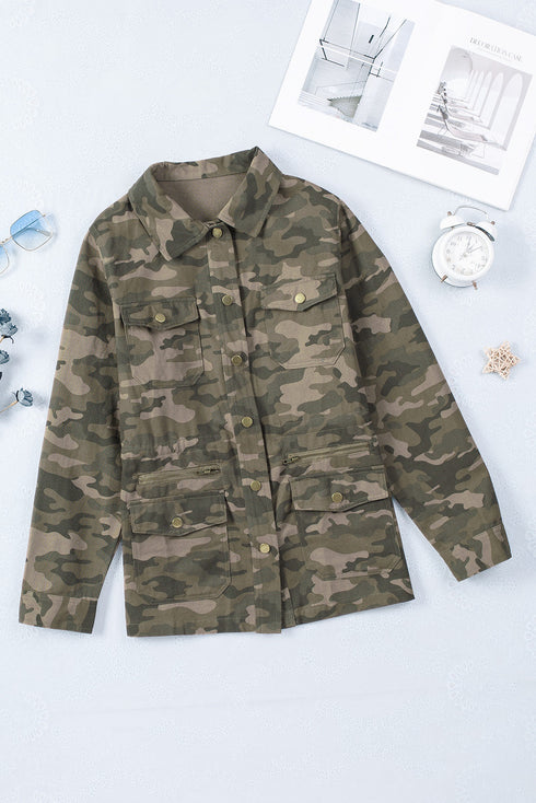 Green Camo Print Multi Pockets Button-Up Jacket